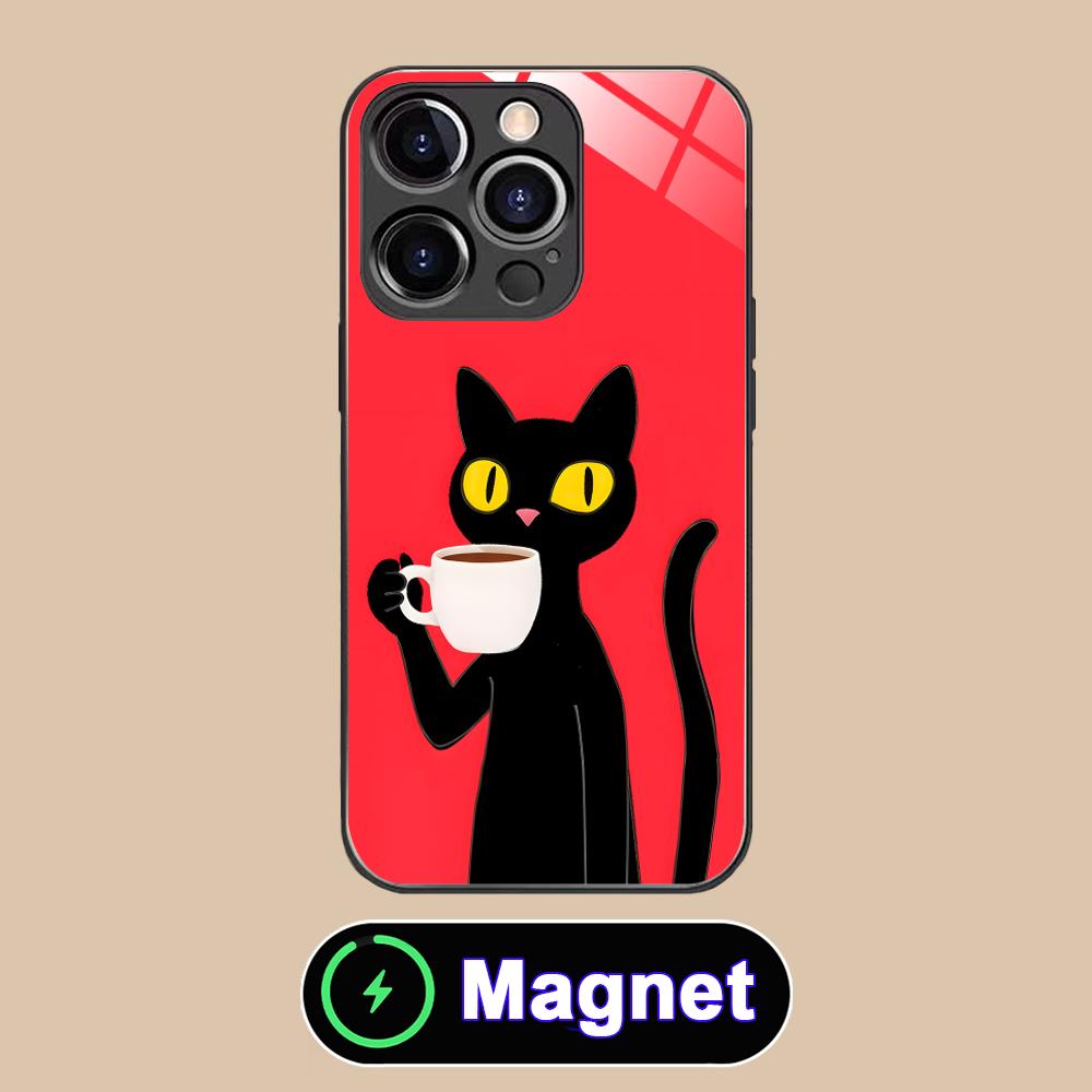 Cute Coffee Cat Glass MagSafe Mobile Phone Case for iPhone 17 16 15 14 13 12 11 Air Pro Max Plus Mini Colorful Cover