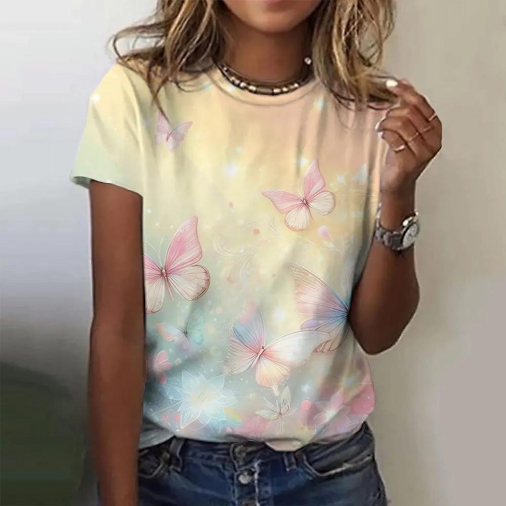 T-shirt da donna estiva a girocollo con stampa fantasia farfalla 3D, alla moda e casual a maniche corte