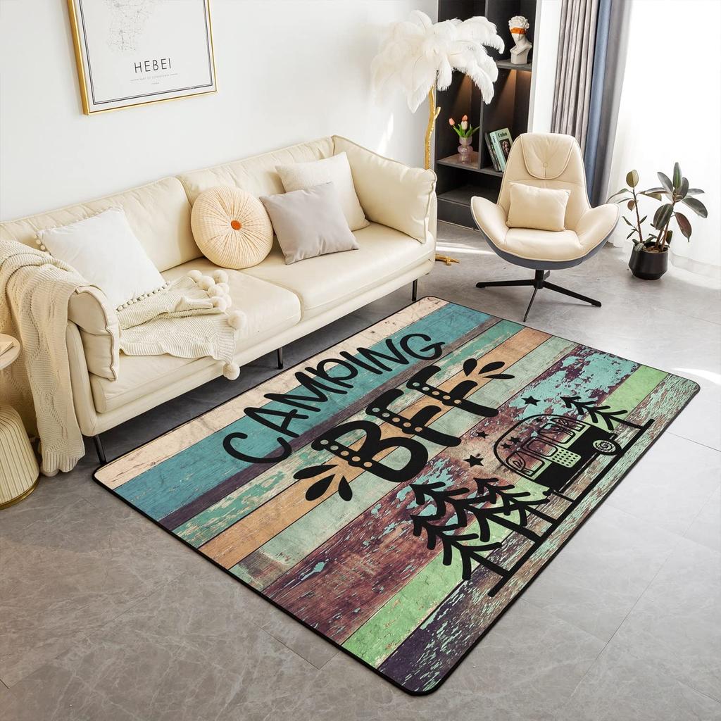 Happy Camping Living Room Rugs,Rv Car Area Rug,Vintage Farmhouse Style Non Slip Carpet, Camper Indoor Floor Mat for Travel Lover