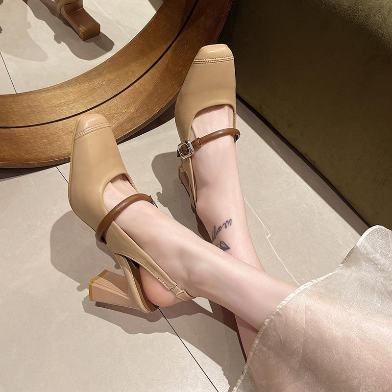 Fashion Women's Sandals Summer New Leather High Heels Square Head Buckle Bao-head Sandals Casual Fashion Non-slip Soft Soled Sandals