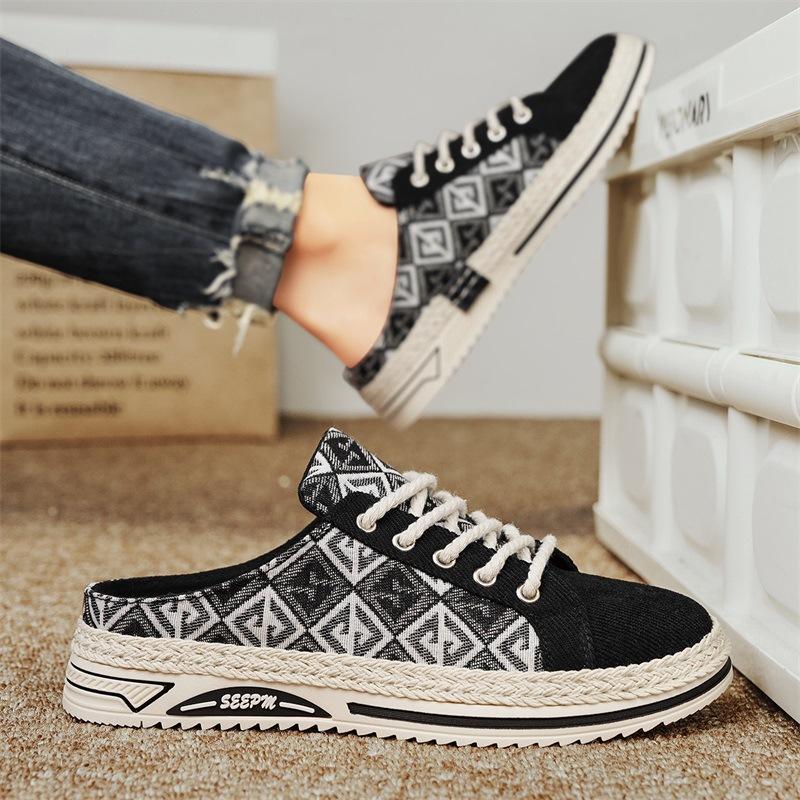 Summer new men's daily leisure half-drag bag head men's shoes fashionable one-pedal cloth retro breathable board shoes