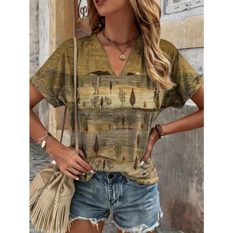 Summer new ethnic style full printed V-neck roll-sleeve fashion casual large size women's short-sleeved T-shirt