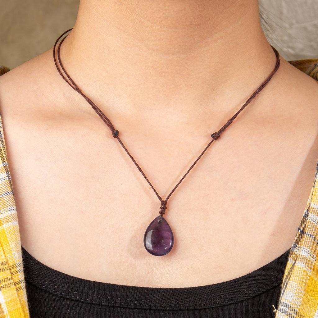 Natural crystal pendant, amethyst necklace, hand woven, water droplet jewelry