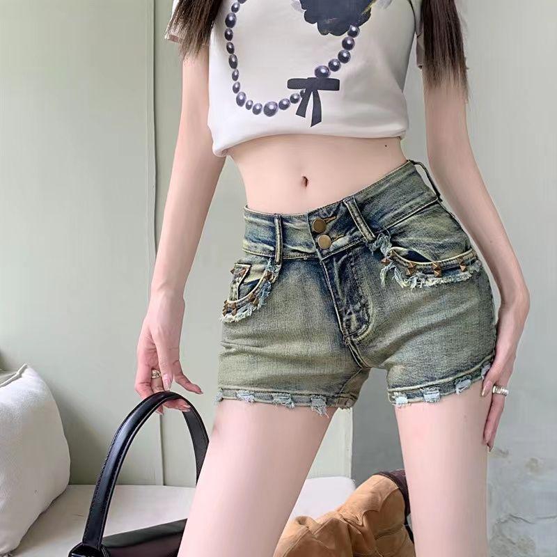 

2025 Ретро Американские Оранжевые Джинсовые Шорты с Завышенной Талией - Женские Летние Хот-Пантс для Похудения XS