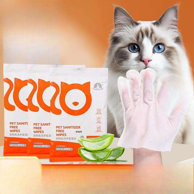 Ruční utěrky pro mazlíčky pro čištění bez vody - Péče o suché čištění koček - Vlhčené utěrky z netkané textilie - Vhodné pro kočky a psy - Jednorázové koupací rukavice