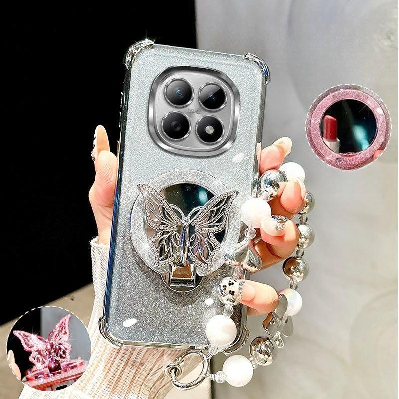 

Glitter Shockproof Plating Butterfly Mirror Bracelet Case For Xiaomi POCO X7 X6 X5 X3 NFC Pro Silicone Cover POCO X3 NFC серебряный