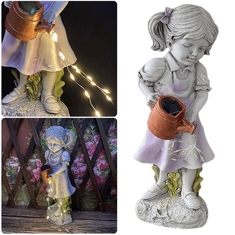 Solar Powered Girl Figurine Light Waterproof Girl Watering Pot Sculpture Creative Girl Watering Can Decor Courtyard Decoration