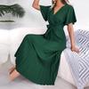 Frauen Frühling Sommer Temperament Kreuz V-ausschnitt Kurzarm Einfarbig Plissee Maxi Lange Kleid S-XL