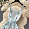 Elegante Vestito Midi con Stampa Floreale Azzurro Chiaro Donna Estate Senza Maniche Spalline Sottili A-line Vacanza al Mare Casual Bodycon Sirena