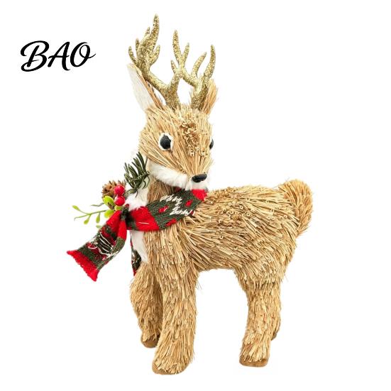 Forest Atmosphere Party Supplies Handmade Straw Deer/Squirrel Christmas Ornaments with Scarf, Retro Pastoral Style Natural Fiber Rustic Animal