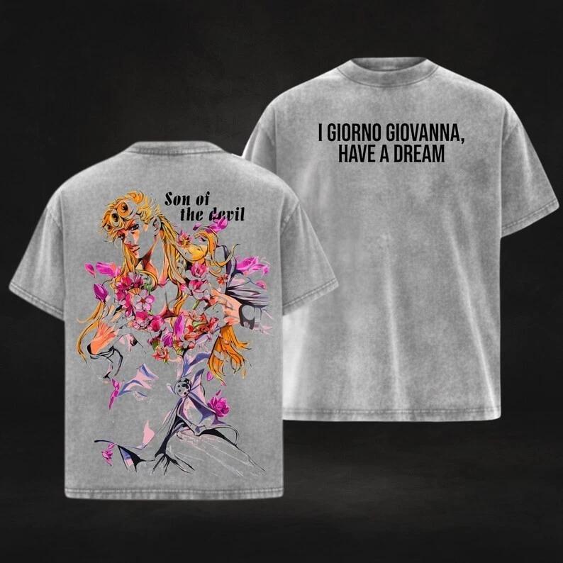 

Anime JoJo s Bizarre Adventure Giovanna Giorno Printed Tee Men Women Cotton Tshirts Vintage Washed T-shirt Harajuku Male T Shirt XXL сірий колір