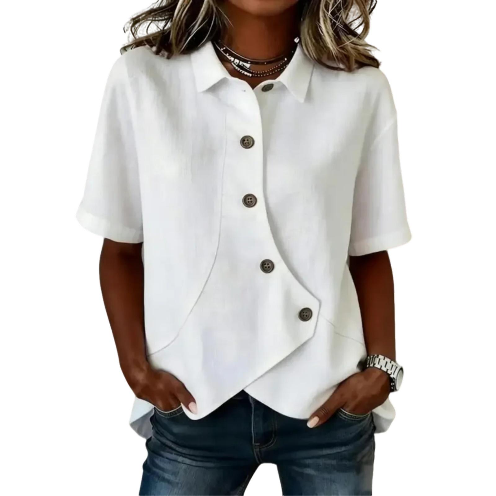 Stylish Round Neck Women s Casual  Button-decorated Cotton Linen T-shirt XXL белый