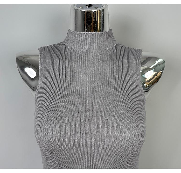 Korean Dongdaemun High Neck Sleeveless Knit Dress - Women's Slim Fit Sexy Short Skirt