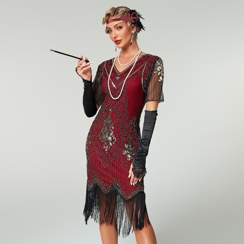Gatsby Dress, New Hand-embroidered Beaded Sequin Skirt, European and American Banquet Dress V-neck Short-sleeved Dress