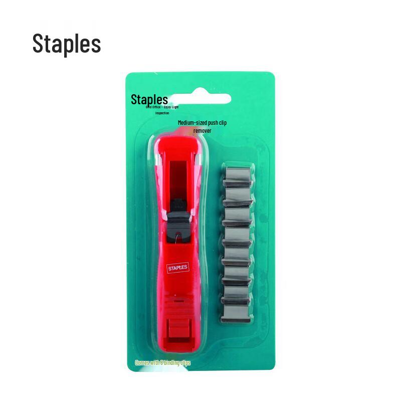 Staples Medium Red Push Clip Dispenser with 8 Clips