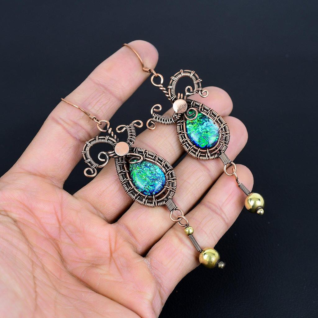 Green Flash Triplet Opal Earrings, 999 Copper Wire Wrapped Earrings, Handmade Gemstone Jewelry Earrings For Memorial Day