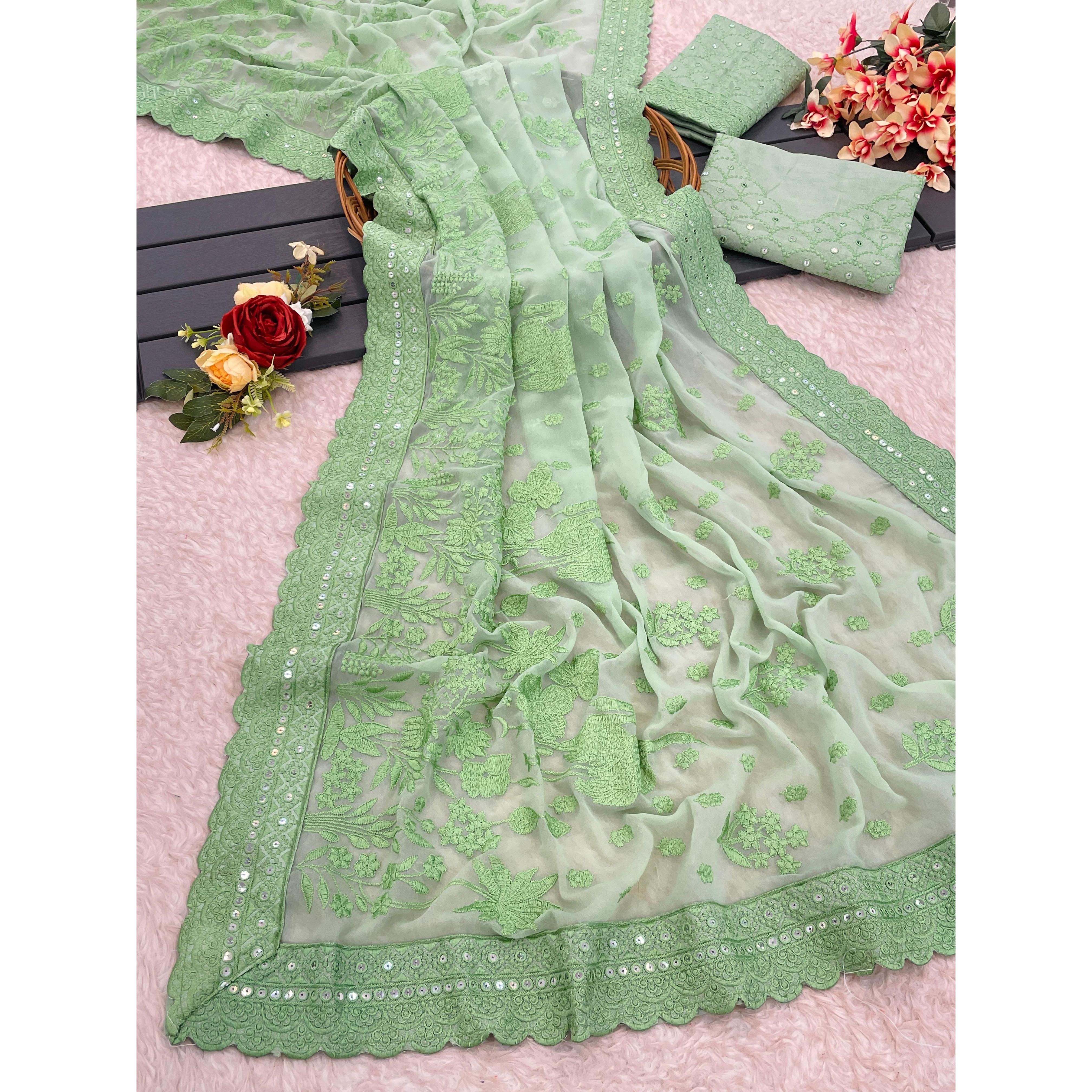 

Сари из ткани жоржет для женщин и девочек с нитью Лакхнови Чиканкари Работа с 9-миллиметровыми пайетками