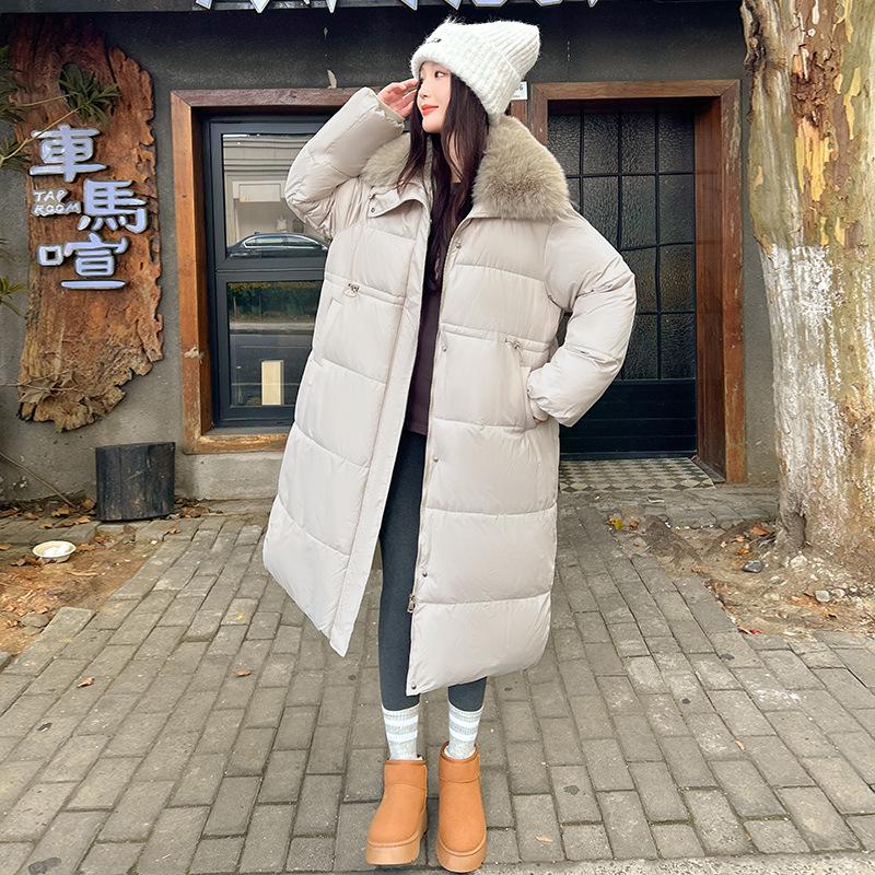 Coat big fur collar long knee waist cotton clothes women's loose bread clothes coat trendy