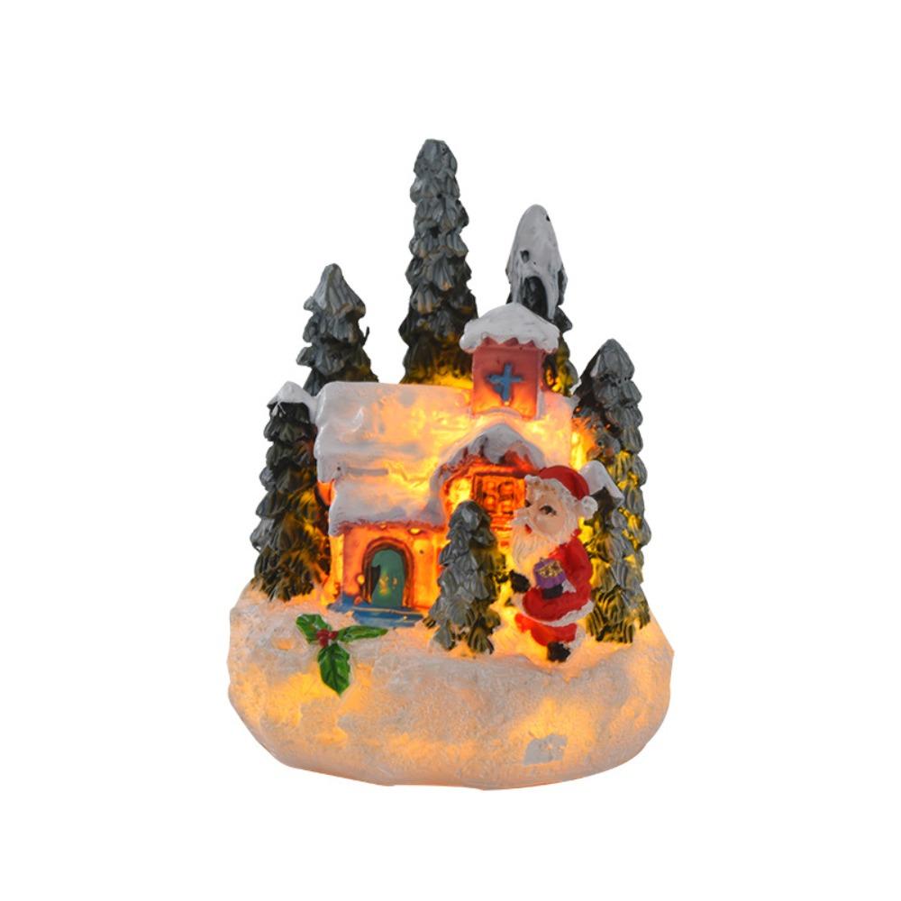 Cute Christmas House Ornaments Resin Miniature Figurine Sculptures House Statue Light Festival