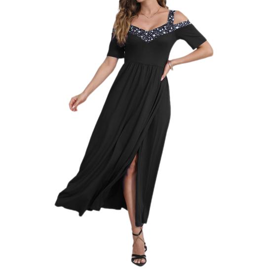 Women Evening Dress Hollow Out V Neck High Split Sequin Pleated Short Sleeves Plus Size A-line Off Shoulder Ankle Length Prom Party Maxi Dress