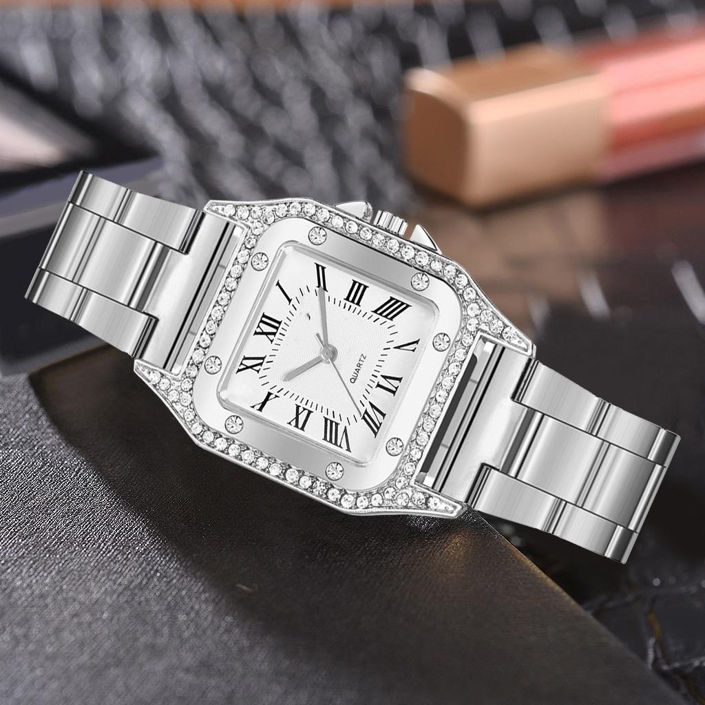 Fashion Luxury Women's Square Watch Diamond Steel Strap Roman Scale Dial Quartz Female Gift Clock Watches