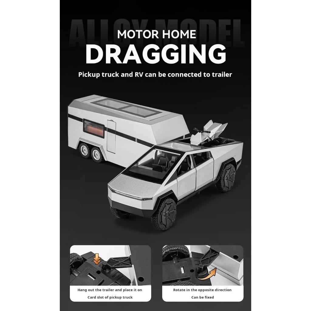 1/32 Tesla Trailer Rv Alloy Car Model Table Set Children's Toys Die Cast Collection Car Model Toys