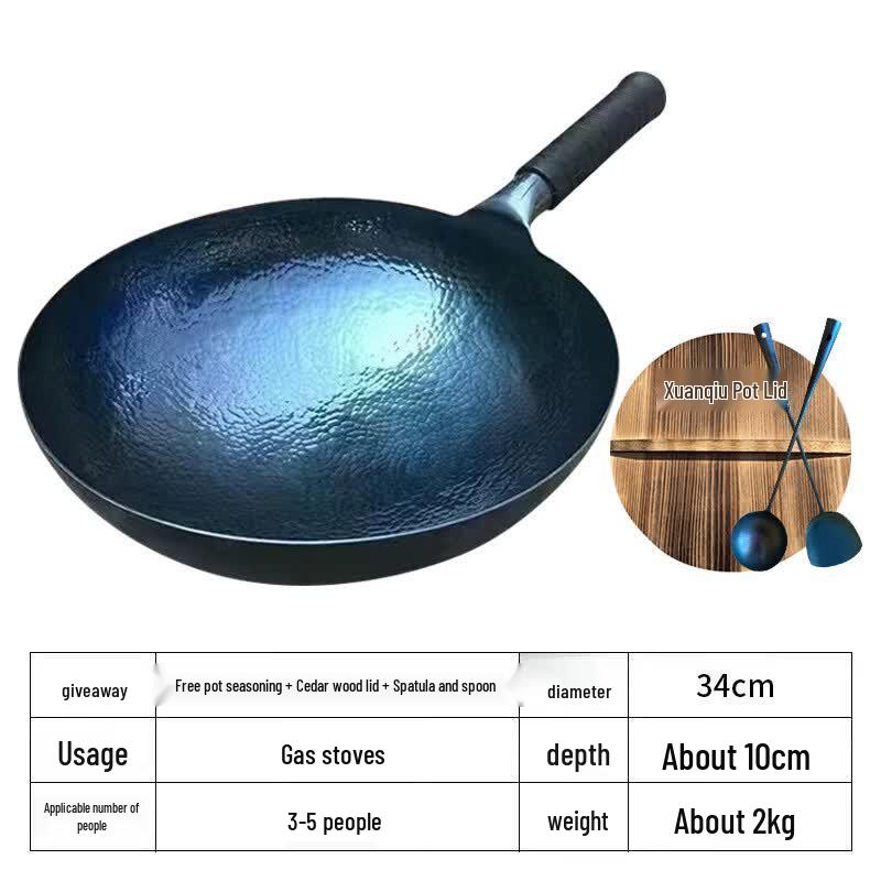 Traditional Forged Wrought Iron Wok with Fish Scale Pattern