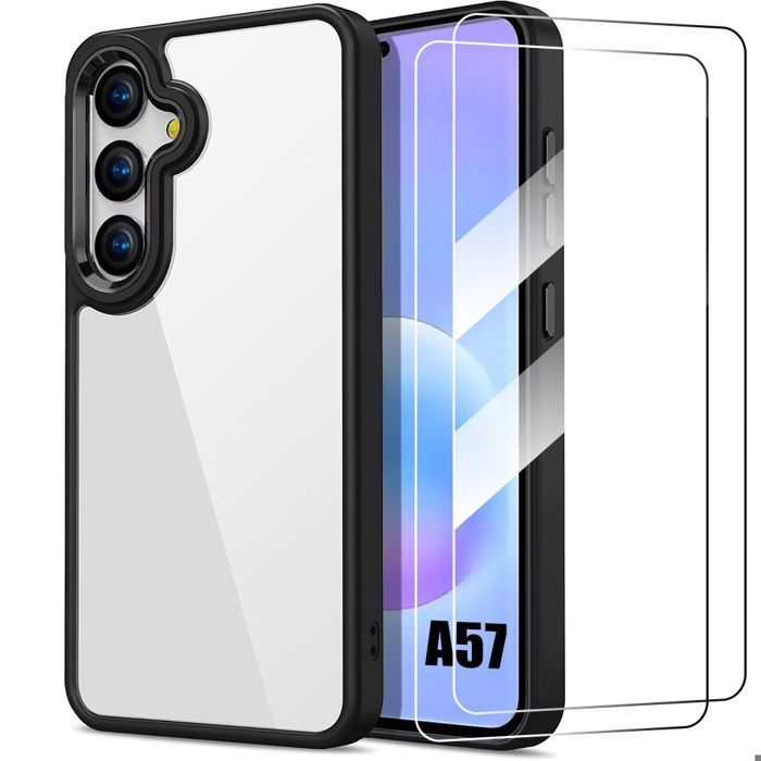Coque pour Samsung Galaxy A57 5G, Antichoc avec Bordure Silicone Noir - 2 Verres Trempés