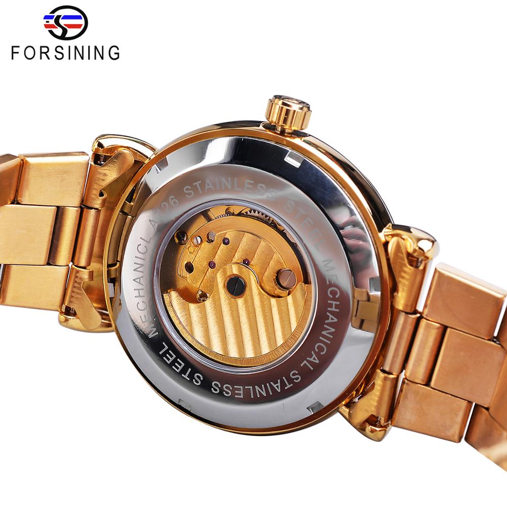 Forsining Automatic Mechanical Business Watch Mens Clock Golden Moon Phase Steel Strap Wrist Watches Top Brand