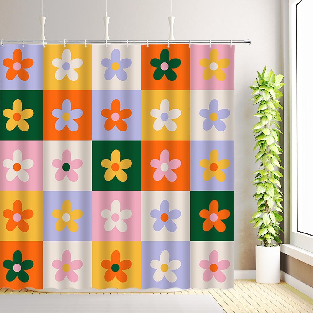 

Green Pink Flower Shower Curtain Modern Abstract Checkered Floral Butterfly Bathroom Decor Fabric Bath Curtains with Hooks 35x70inch-90x180cm