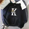 King Queen Print Women Hoodie Autumn Winter Long Sleeve with Pocket Pullover Home Outdoor Soft Comfortable Warm Women Sweatshirt