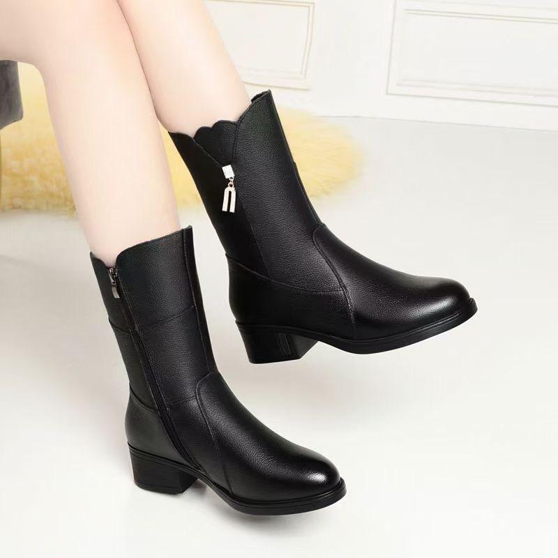 Autumn and winter new velvet warm Martin boots medium heel thick heel women's cotton boots snow boots real soft leather medium boots women