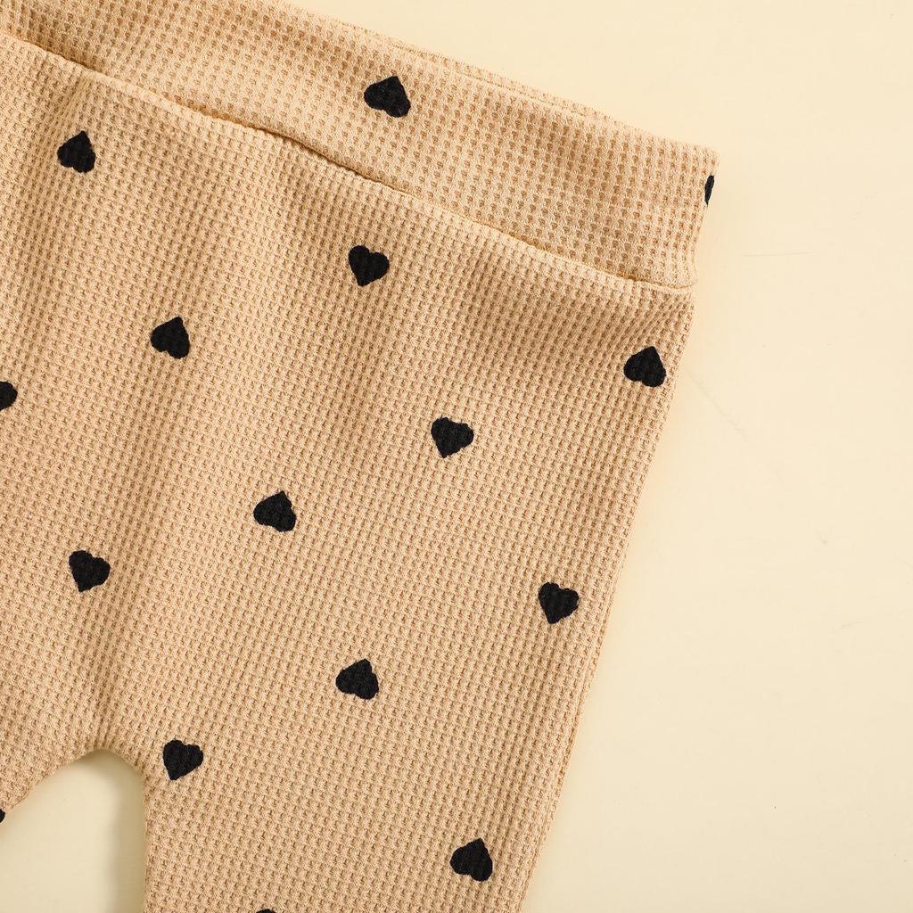Girls' Heart Print Waffle Romper Set: Long Sleeve Romper, Long Pants & Headband.