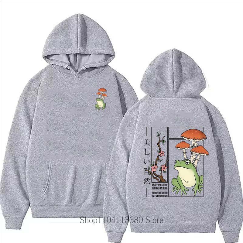 Men Frog Mushroom Print Fleece Hoodie Funny Fashion Vintage Pullover Autumn Winter Comfortable Long Sleeve Sweatshirts