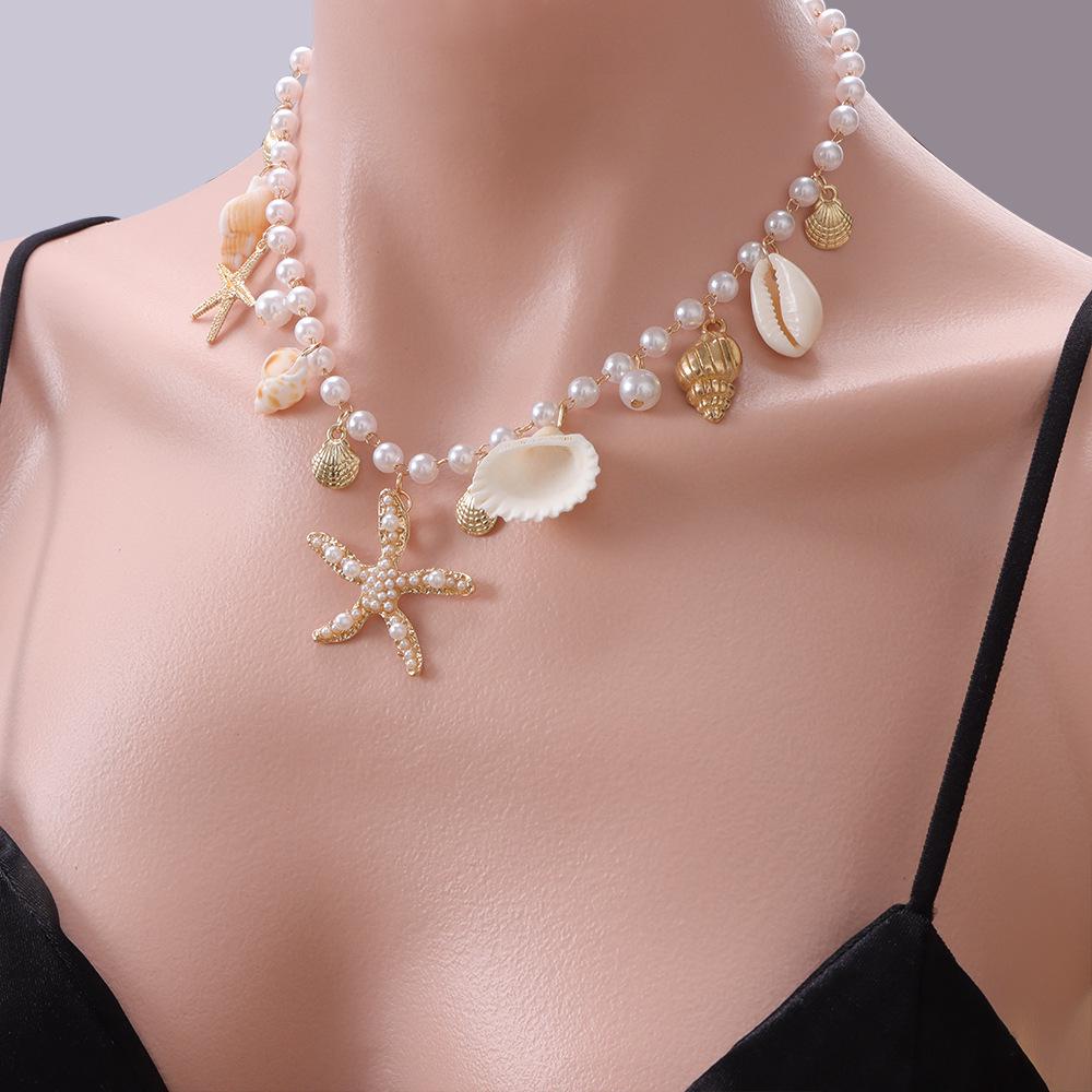 Bohemian Seashell & Starfish Pearl Necklace Bracelet Set