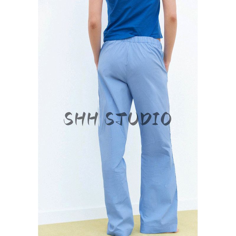 Women's Spring Clothing Cotton Blend High Waist Color Contrast Patchwork Lace Decoration Gingham Pajamas Style Pants 5030403