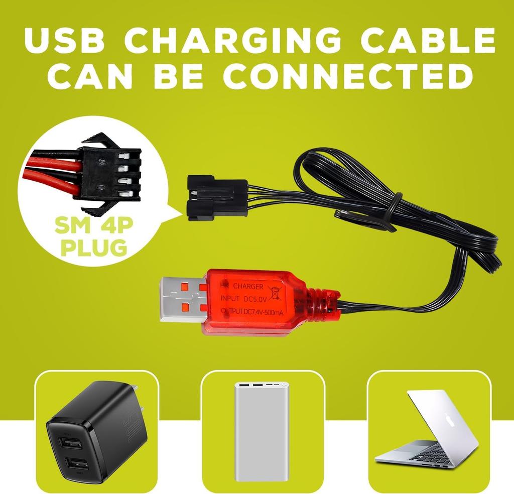 2PCS 7.4V 3000mAh 15C 2S SM-4P Plug Li-ion Battery with USB Charging Cable Compatible with EC08 and DE85 Remote Control Cars, Trucks, Boats, Drones,
