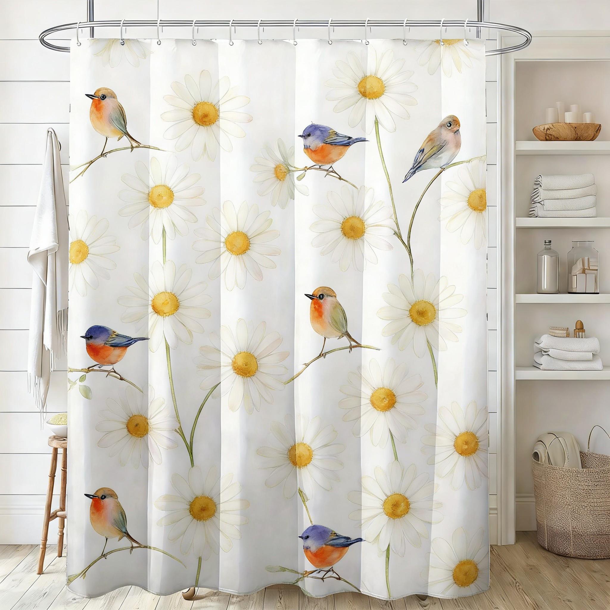 

White Jasmine Watercolor Floral With Yellow Butterflies Waterproof Shower Curtain W60H190(CM)-1 Pcs
