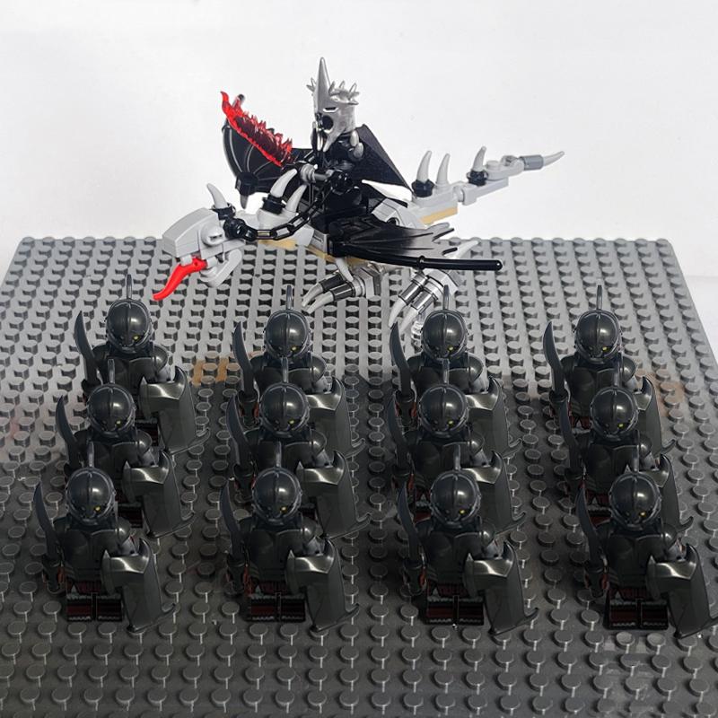 14pcs MOC Medieval Dwarf Warrior Elves Knights LotR Uruk-hai Orc Rohan Soldier with Witch King Leader Figure Building Block Toys