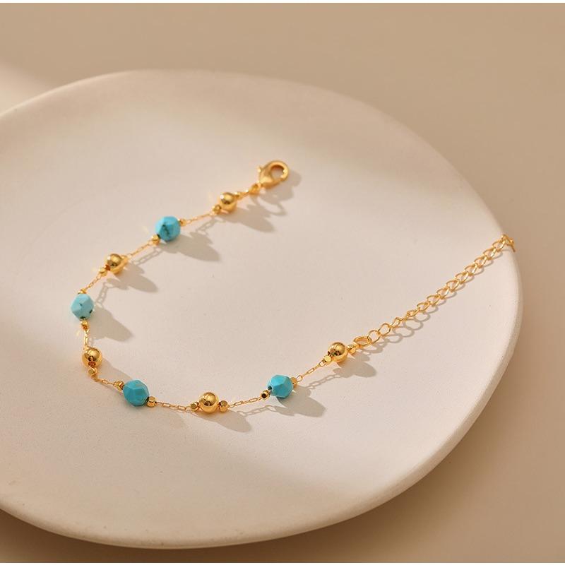 Gold Plated Faceted Turquoise Color Bead & Ball Bracelet With Extension Chain