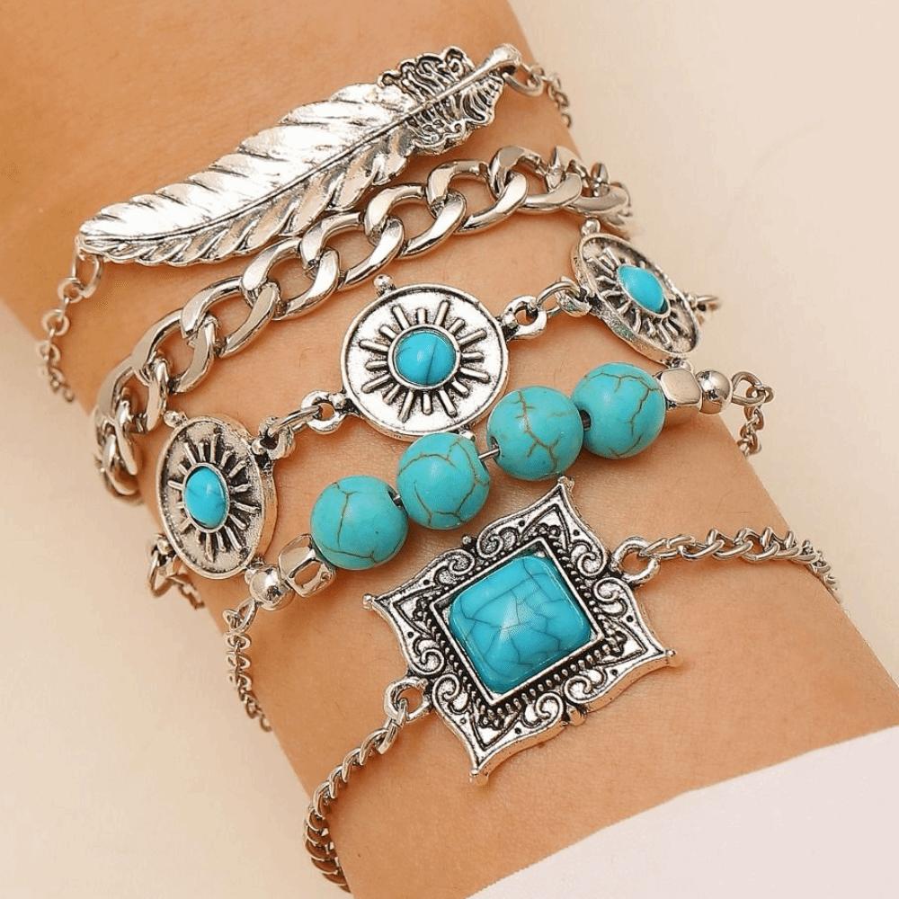Pearl Multilayer Turquoise Wristband Beads Bohemian Style Hand Chain Turquoise Bracelet Set  Beach