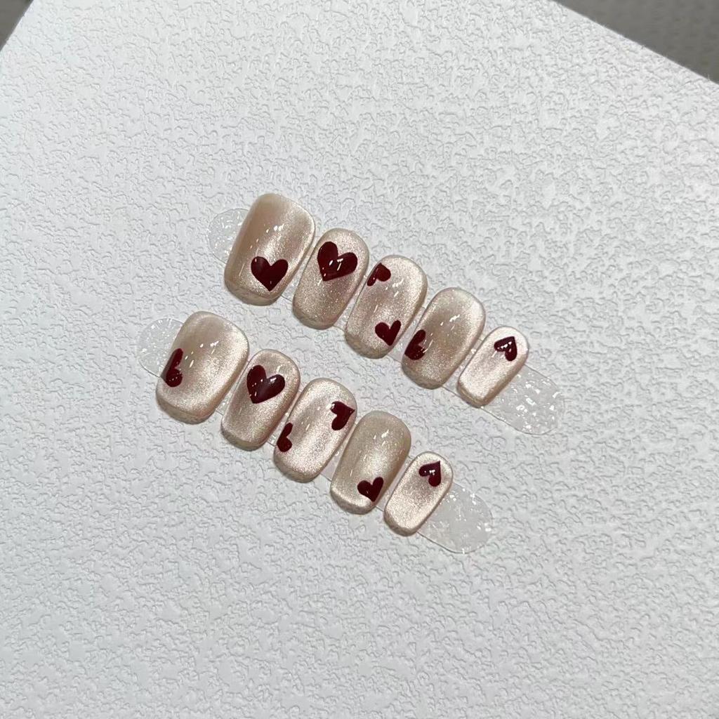 New Year's Manicure Pure Hand-wearing Nail Pieces Handmade High-end Ins White Nude Cat Eyes Short Love