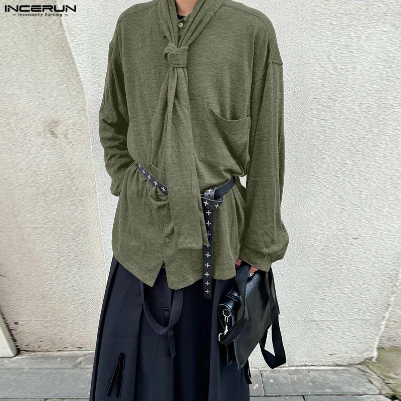 INCERUN Spring Men Tie-up Long Sleeve Casual Loose Oversized Pullover T-shirts Tops