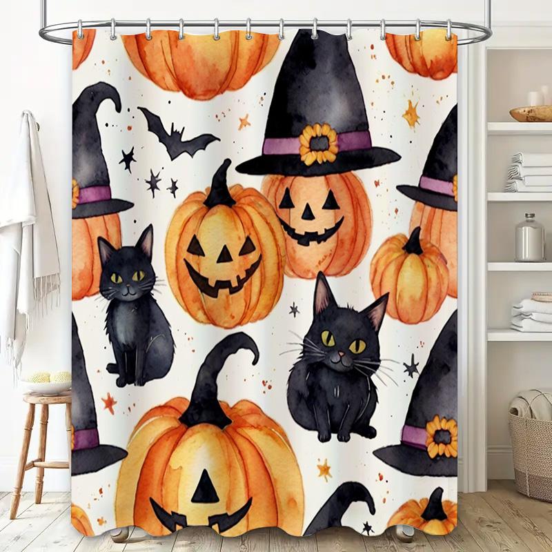 Spooky Halloween Decoration Shower Curtain Set featuring Black Cats Jack-O-Lanterns Decorate Your Bathroom for Fall Festivities