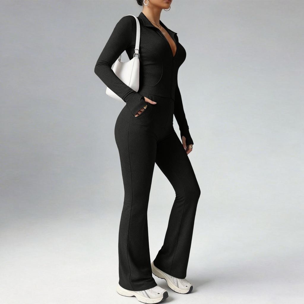 Women’s Long Sleeve Zip Up Ribbed Jumpsuit One Piece Flared Pants Fitted Stretchy Collar Bodysuit for Daily Wear