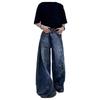 Vintage Washed Distressed Denim Pants Men Women Wide Leg Straight Cut With Reversed Waistband Design