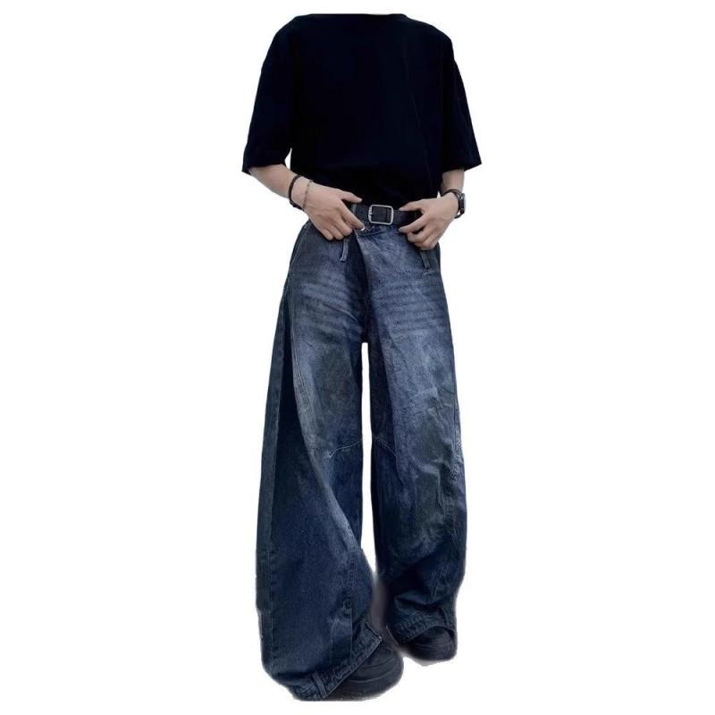 Vintage Washed Distressed Denim Pants Men Women Wide Leg Straight Cut With Reversed Waistband Design