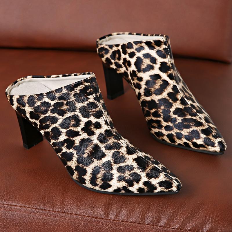Fashion 2025 Hot Sale Women's Baotou Slippers Fashion Pointed Head Deep Mouth Leopard Print Slip-on Anti-slip Wear-resistant High Heels
