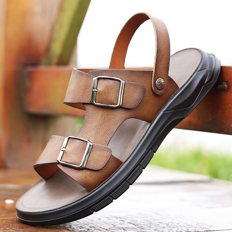 Casual Fashion Men Shoes Slip-On Leather Soft Non-slip Beach Summer Double Buckle Sandals Slippers Flats Flip Flop Walking Shoes