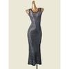 Water Hairtail Beautiful Gold and Silver Silk Knitting Long Dress Foreign Trade Original Order Fashion Sleeveless Color Matching Sheath Fishtail Dress